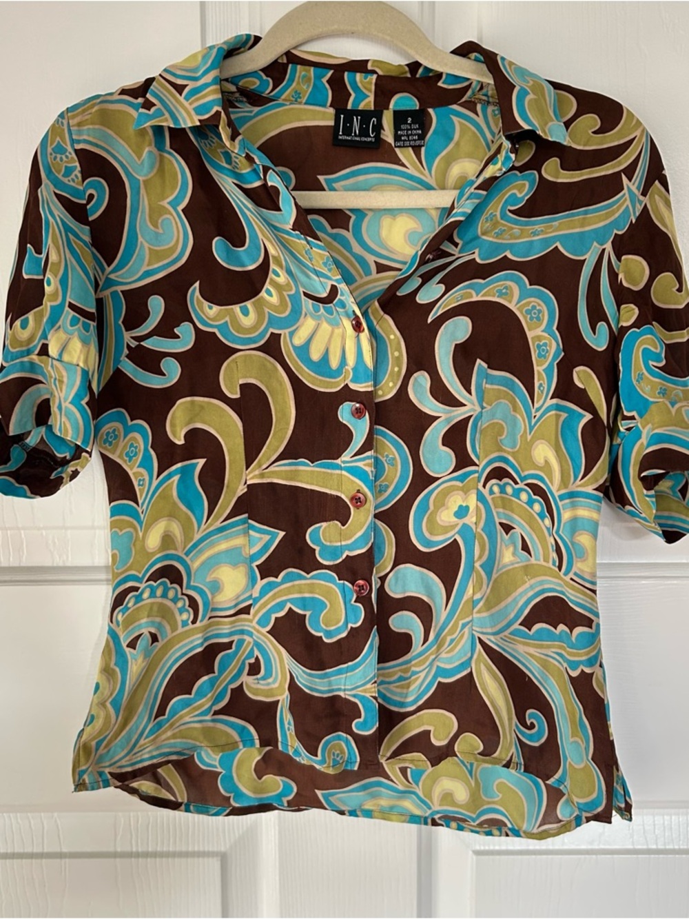 INC International Concepts Brown, Turquoise & Lime Paisley Button-Up Blouse